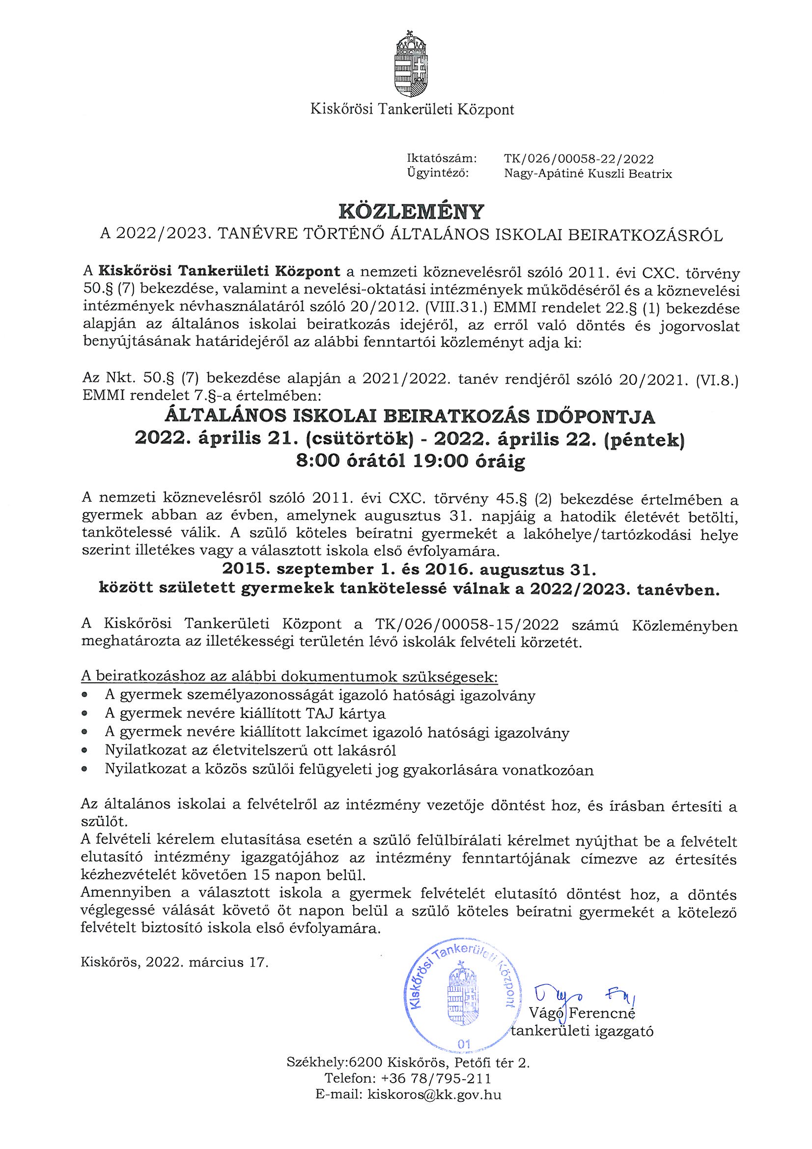 Általános Iskolai Beiratkozás